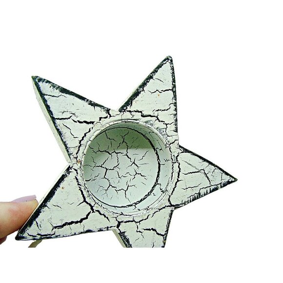 Home Decor Distressed Wooden Star Tea Light Candle Holder White Brown Crackle 3" - Picture 3 of 6